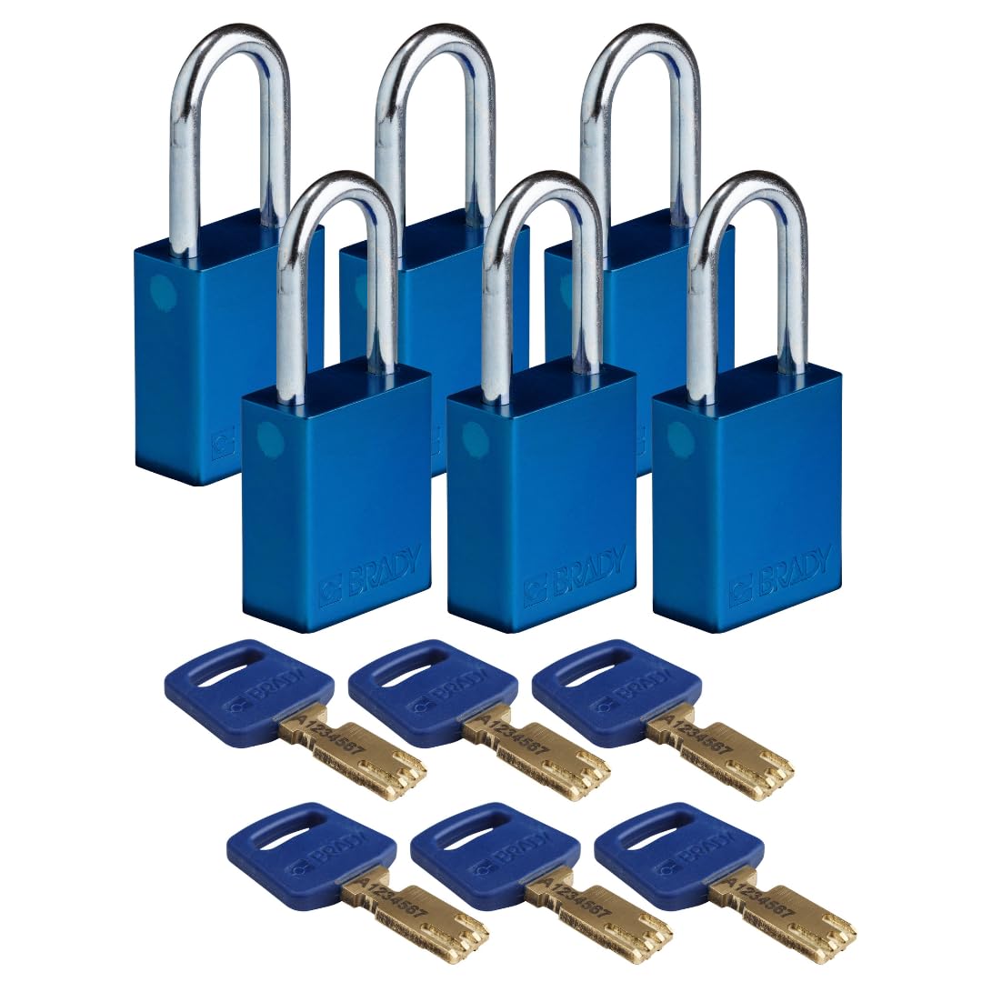 Brady SafeKey Lockout Padlock Aluminum Blu 1.5" Steel Shkl Keyed Different 6 Pk