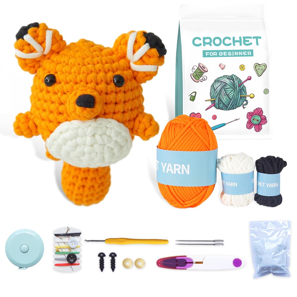 CHEEQCrochet Kit for Beginners, DIY Handmade Crochet Kit for Adults and Kids, Crochet Gifts, Knitting Kit for Beginners, Step-by-Step Video Tutorials - Adorable Fox Amigurumi