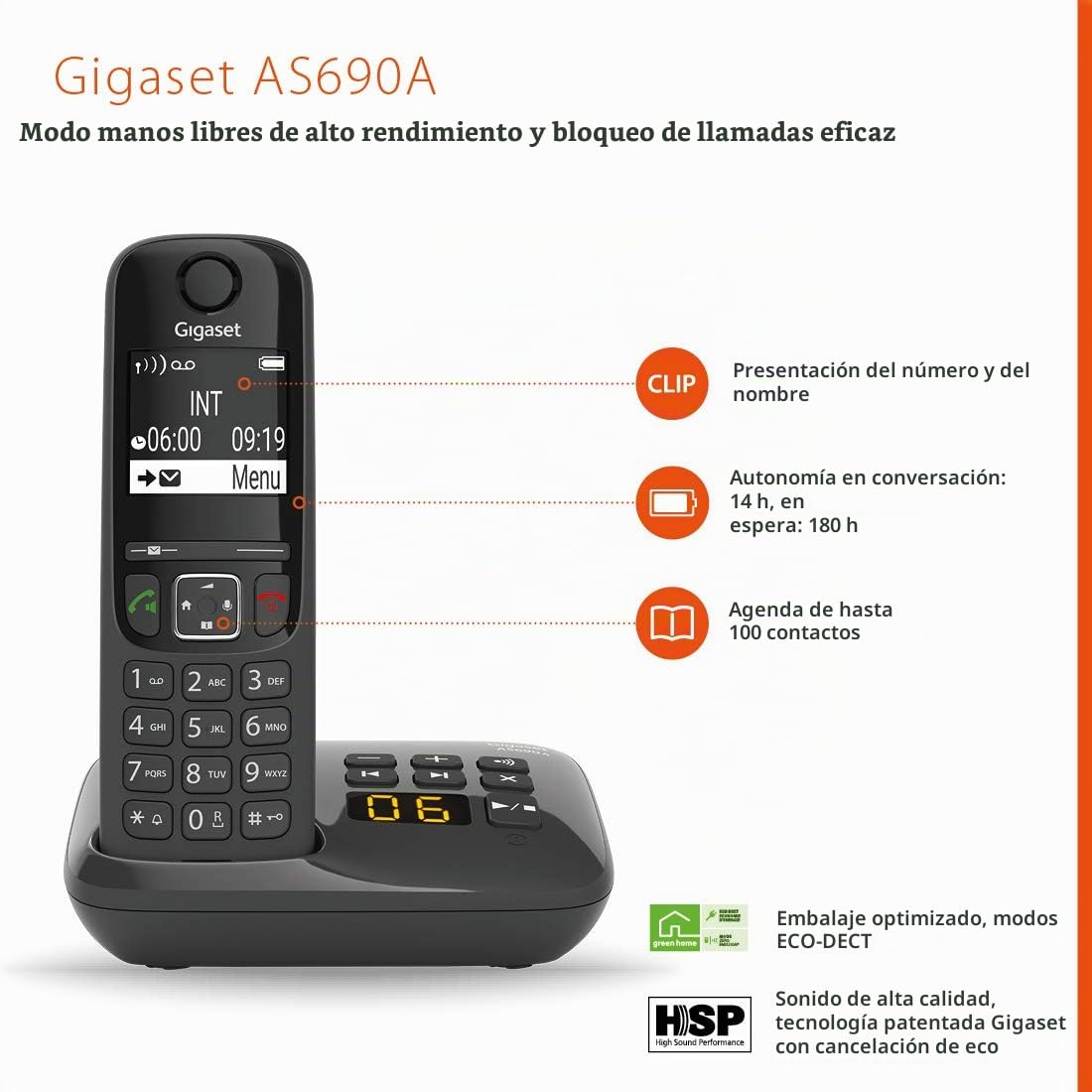 Gigaset AS690A Trio - Teléfono Fijo inalámbrico con contestador, 3 teléfonos, Color Negro