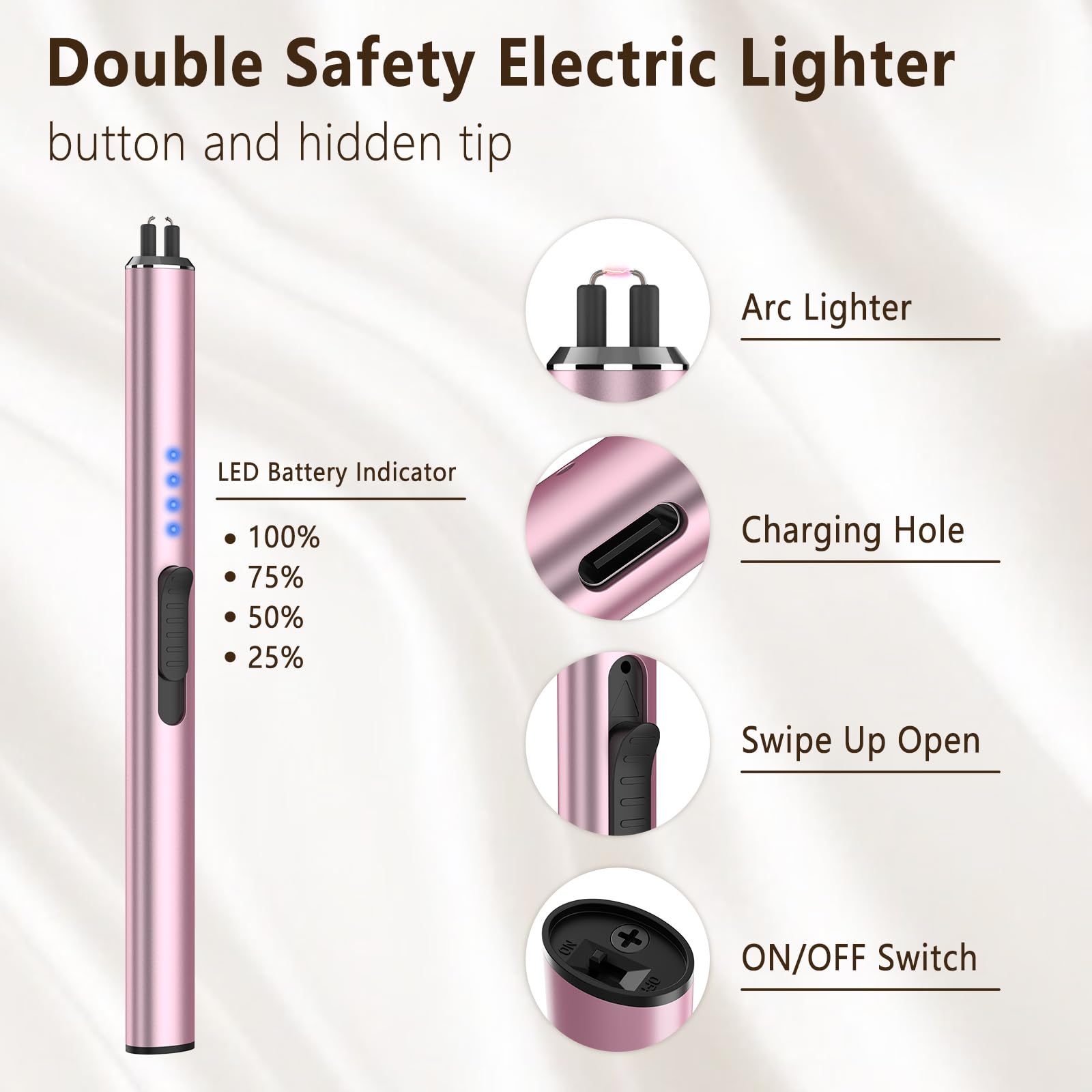 GeeRic Encendedor Eléctrico USB Recargable Arco LED Mechero de Velas Cocina Gas Chimenea Barbacoa Camping Rosa