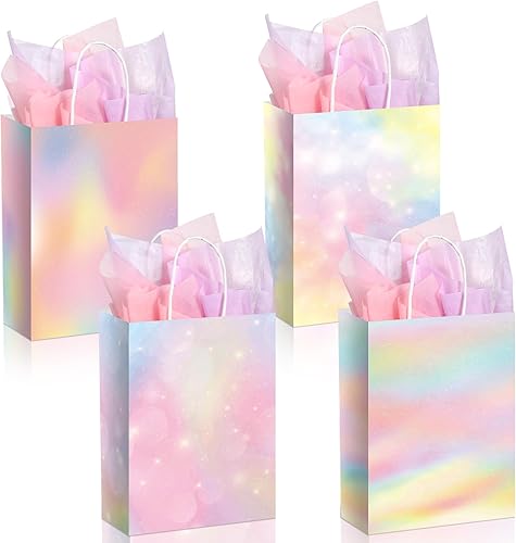 Maitys 24 bolsas de regalo de arcoíris pastel con papel de seda, bolsas de regalo de fiesta de arcoíris, bolsas de dulces pastel arco iris