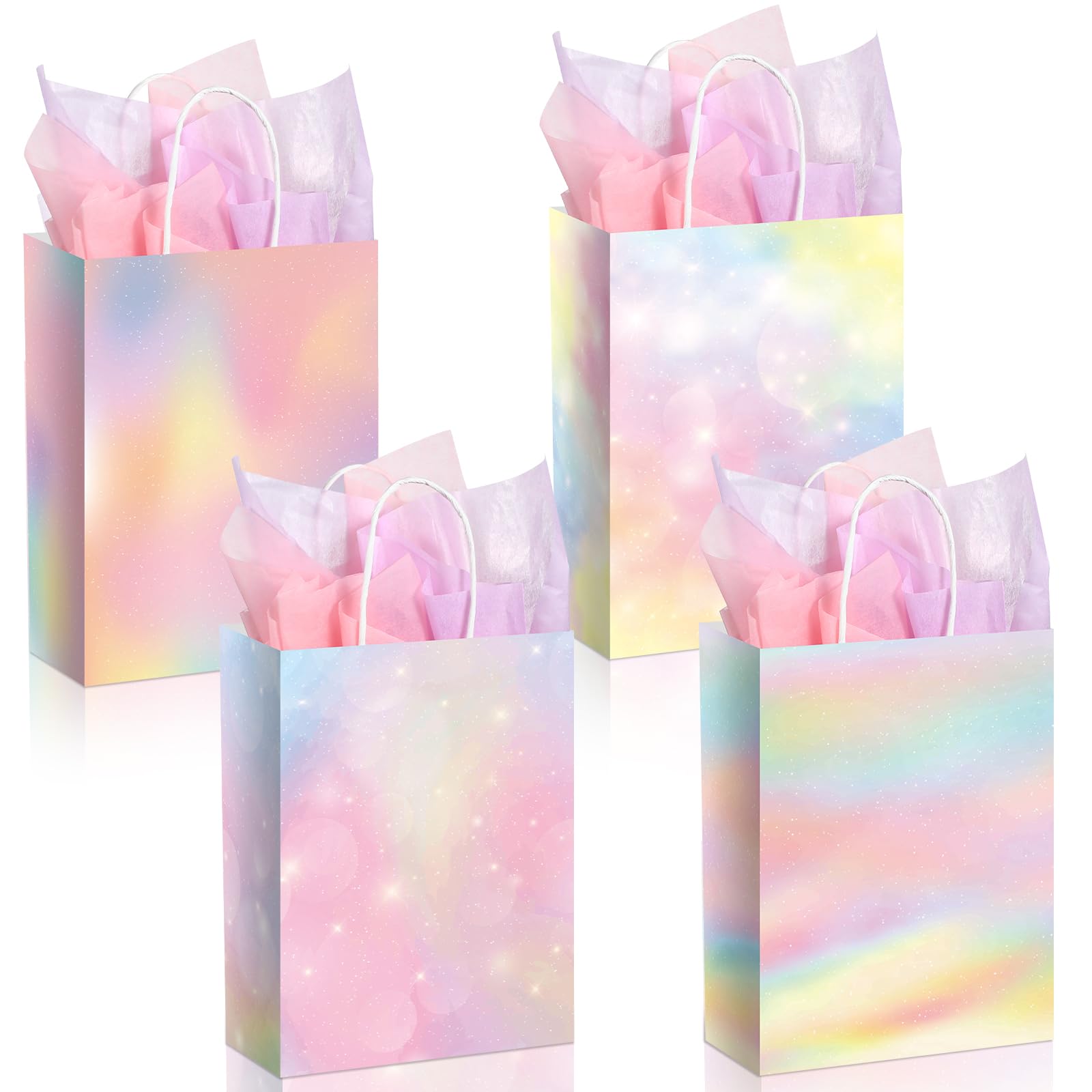 Maitys 24 Pcs Pastel Rainbow Goodie Bags with Tissue Paper, Spring Easter Party Favor Bags Rainbow Party Favor Bag Pastel Gift Bag for Kids Girls