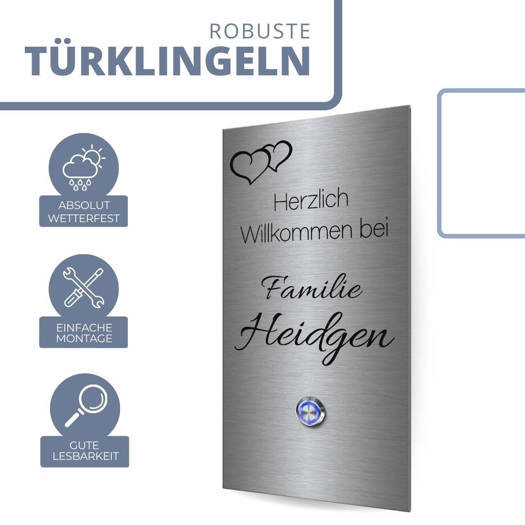 CHRISCK design - Edelstahl Türklingel mit personalisierter Gravur und Motiv - Klingel Modell Heidgen 13x26cm | Optional beleuchteter Taster