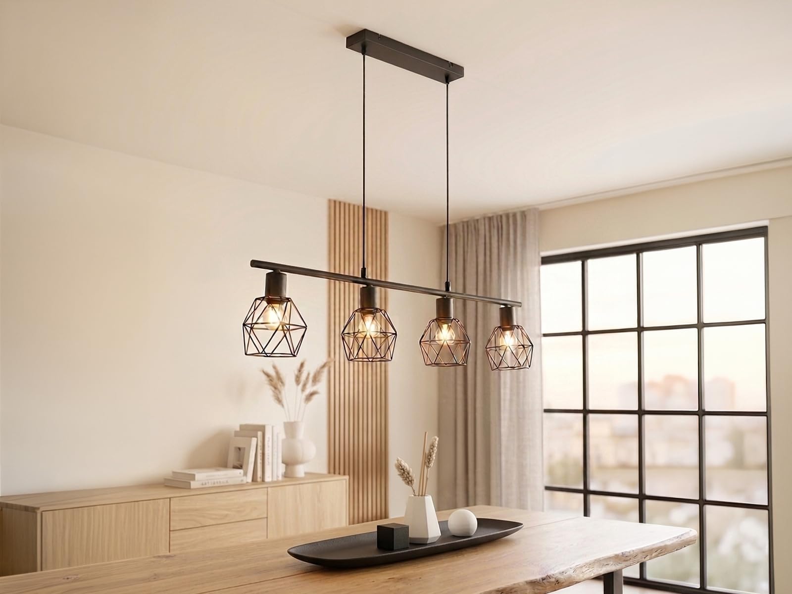 meineWunschleuchte Pendel-Leuchte Industrial Schwarz, für Esszimmertisch, | Breite 75cm, 4-flammig, Retro Gitterlampe ideal über dem Esstisch in Esszimmer und Küche