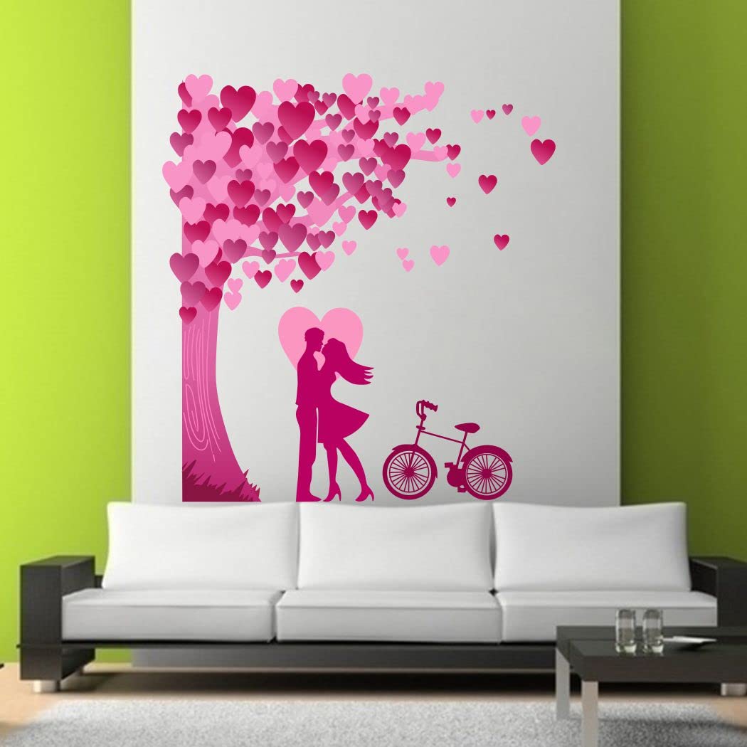 Art's Cafe Romantic Couple Under The Heart Leaves Tree and Love with Bicycle Design Wall Sticker Size - (58.42 * 63.67) cm