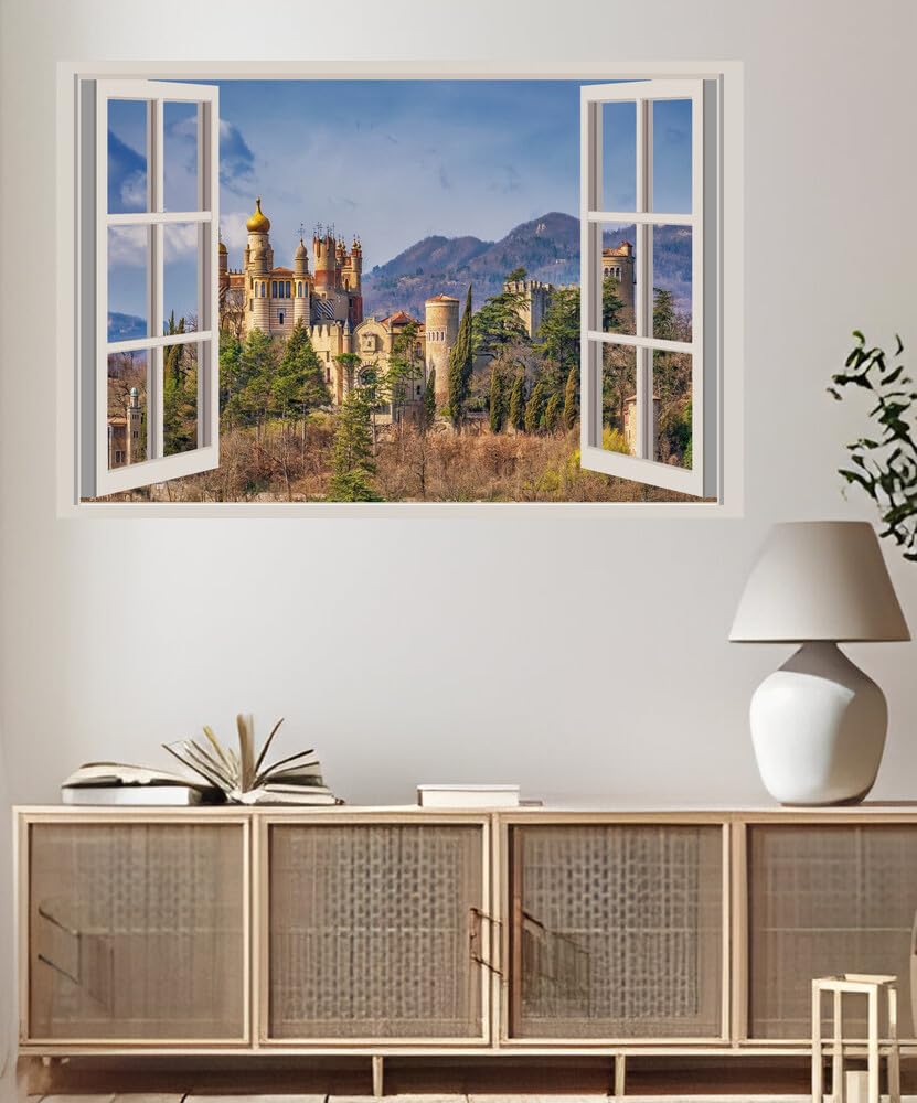 JZZA06684 Italy Castles Fortress Rocchetta Mattei Castle| Self-Adhesive Open Window Wall Sticker