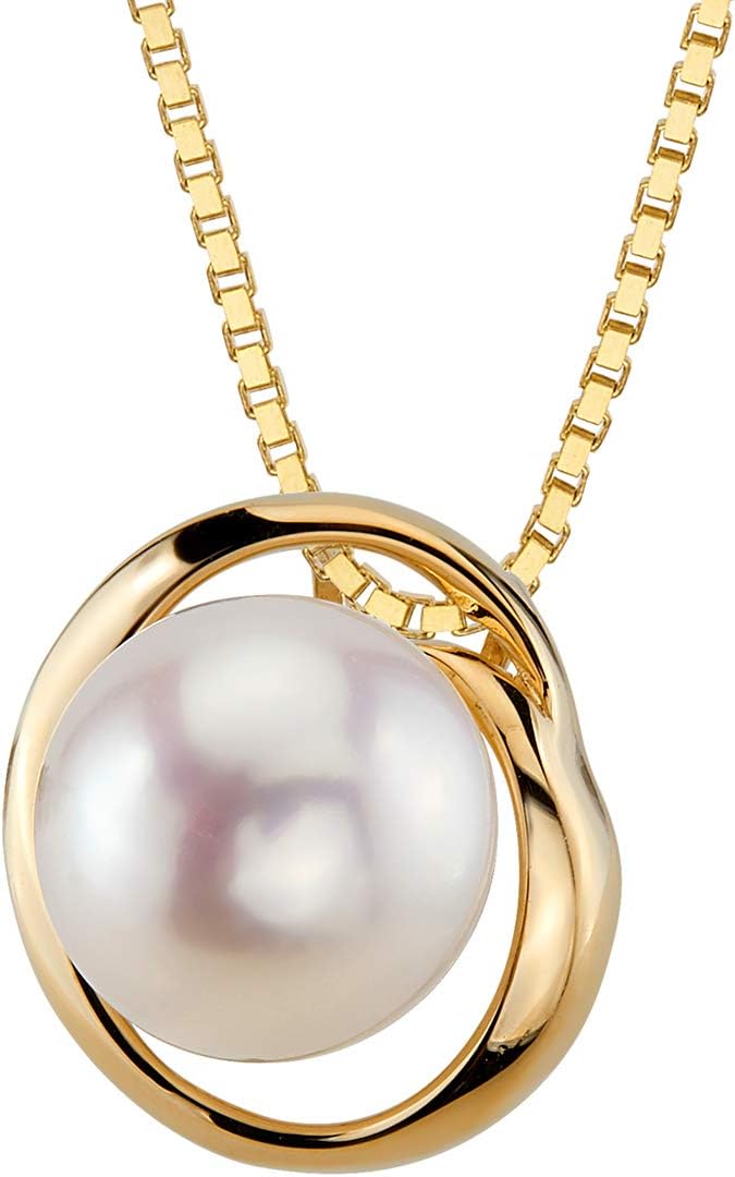 PEORA 14K Yellow Gold Freshwater Cultured White Pearl Pendant, Round Button Shape, 9mm Swirl Slider Solitaire, Dainty Wedding Necklace