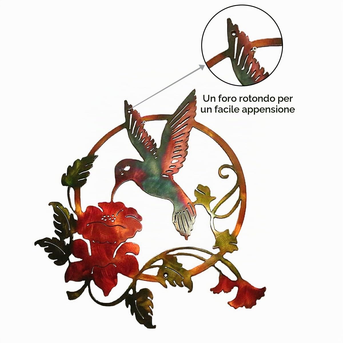 Rotondo Metallo Colibrì Silhouette Decorazione Murale, Metallo Decorazione Murale Silhouette Art Per Regalo Regalo Indoor Outdoor Garden Home Decoration(31x32cm) (Marrone)