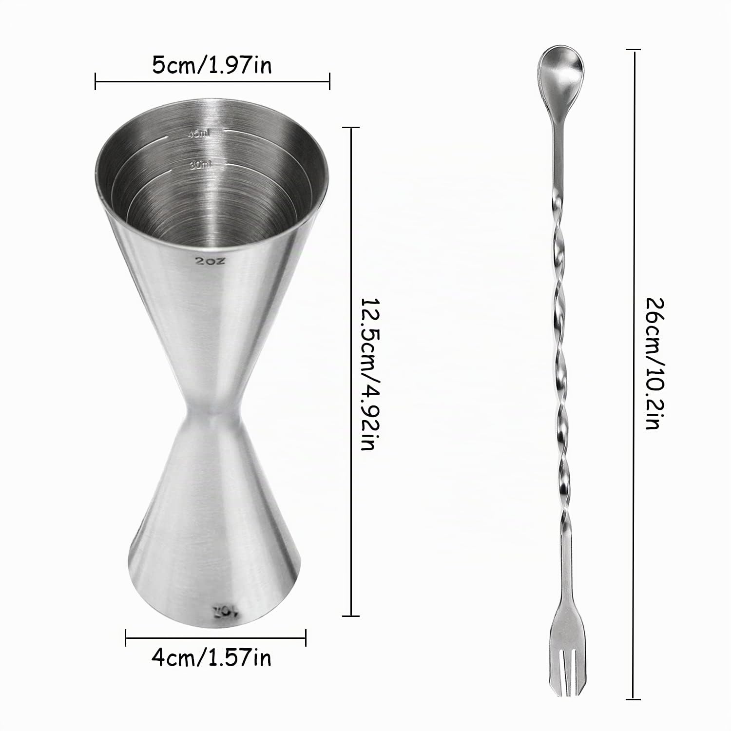 Jigger Cocktail 30 ml/60 ml Misurino Cocktail Professionale 304 Acciaio Inossidabile con Cucchiaio Miscelatore, Argento