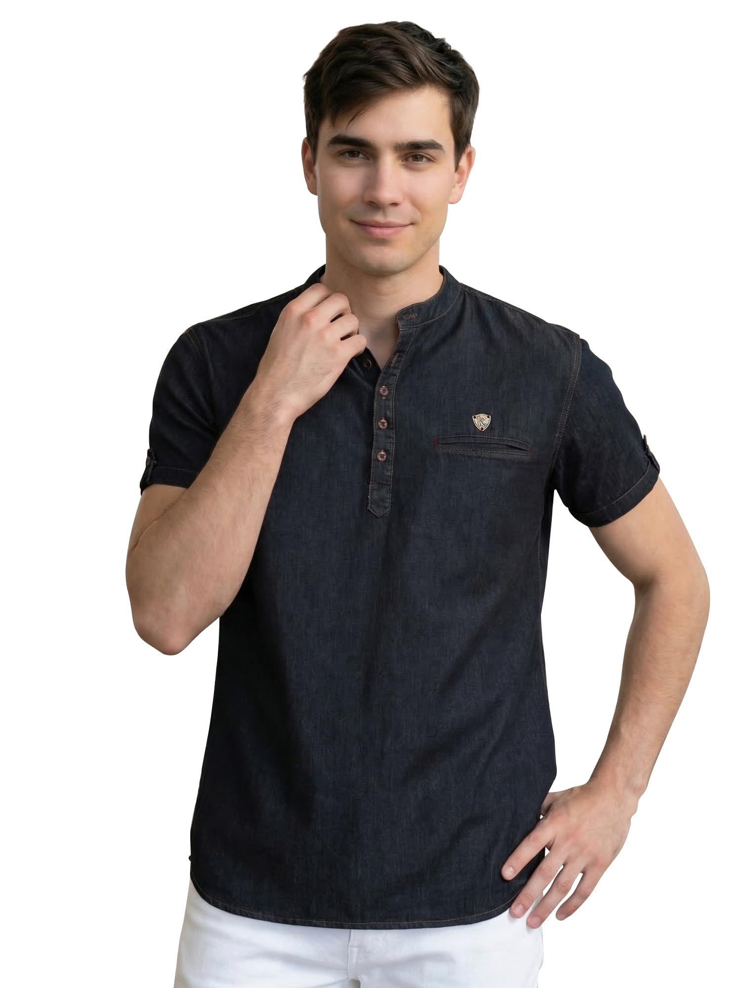 kuons avenue Men’s Denim Short Kurta | Mandarin Collar | Half Sleeve | Tailored Fit | Single Welt Pocket | Casual Kurta for Men-picture-51
