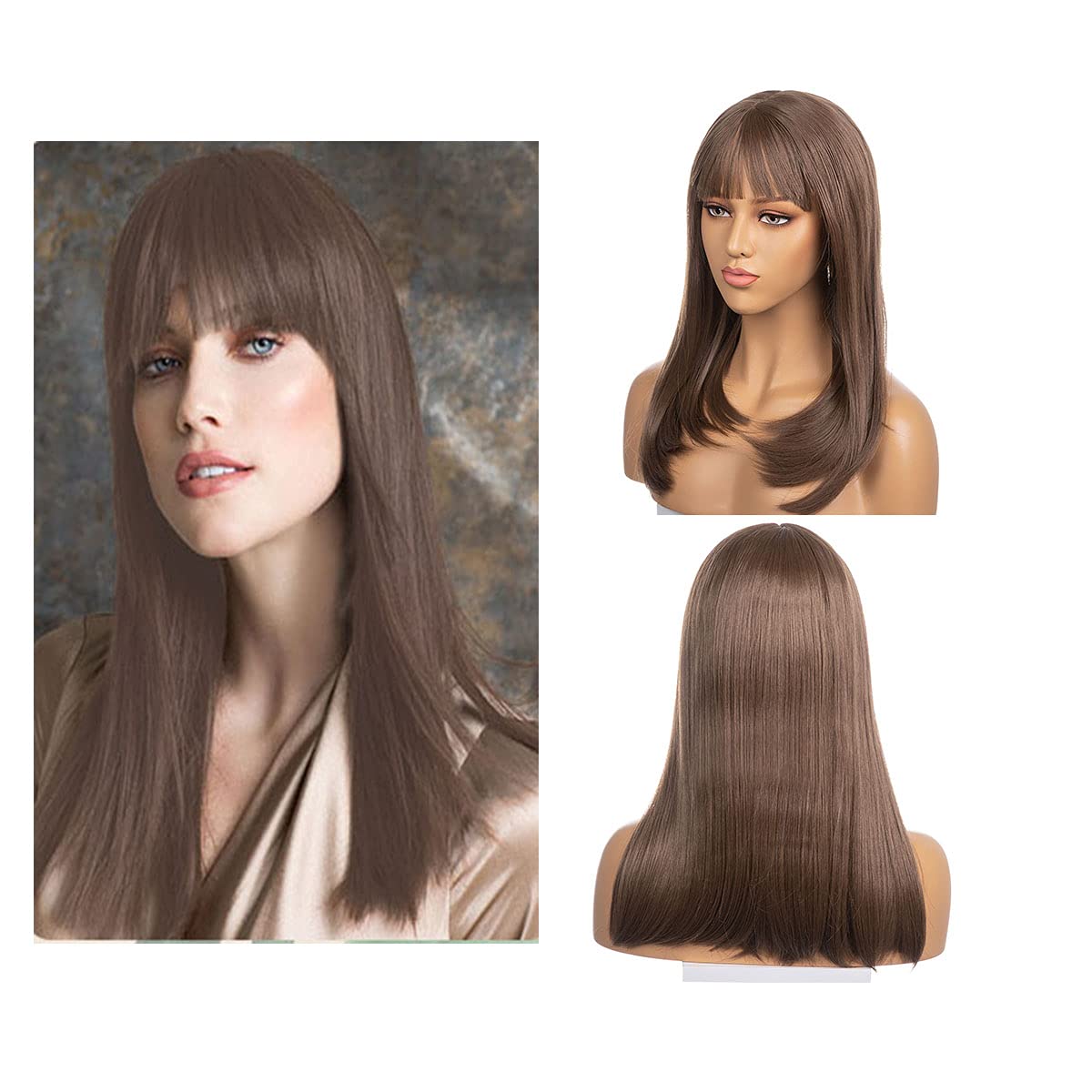 Brown Wigs With Bangs Natural Looking Long Straight Light Brown Wigs For Women Fashion Remy Hair Heat Resistant Fiber Synthetic Wigs For Daily Party Cosplay