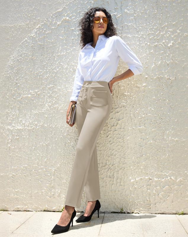 keriffe High Waist Stretchy Womens Dress Pants with Pockets Straight Leg Business Casual Work Trousers Office Slacks - Image 3