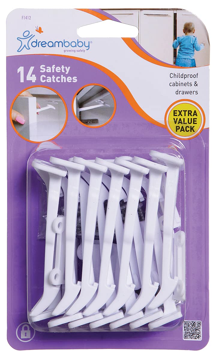 Dreambaby Safety Catches for Cupboards & Drawers - Childproof Locks & Latches for Kitchen Cabinets - 14 Pack