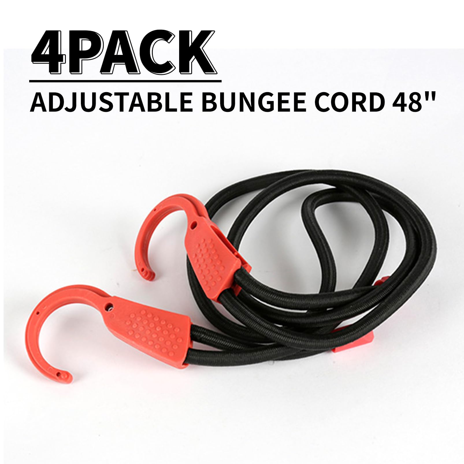 Lekarf Adjustable Bungee Cords, 4PC Pack 48 inch Elastic Cord with Anti-Slip Pirate Big Hook, 65LBs Tensile Force Bungee Ropes for Bike, Motorcycle Luggage Security and Other Outdoor Applicaton
