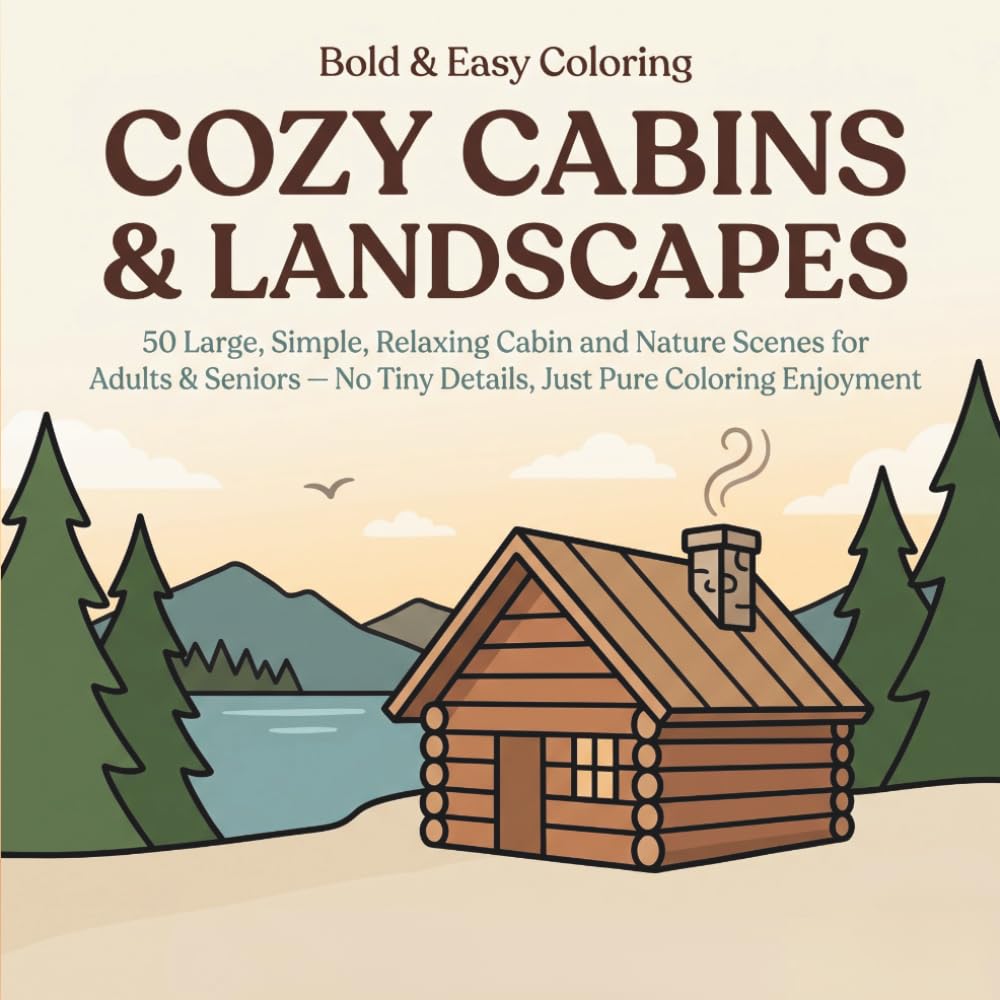 Bold & Easy Cozy Cabins & Landscapes: A Simple Coloring Book for Adults & Seniors: 50 Large, Simple, Relaxing Cabin and Nature Scenes with Thick Bold ... Coloring Enjoyment (Bold & Easy Coloring)