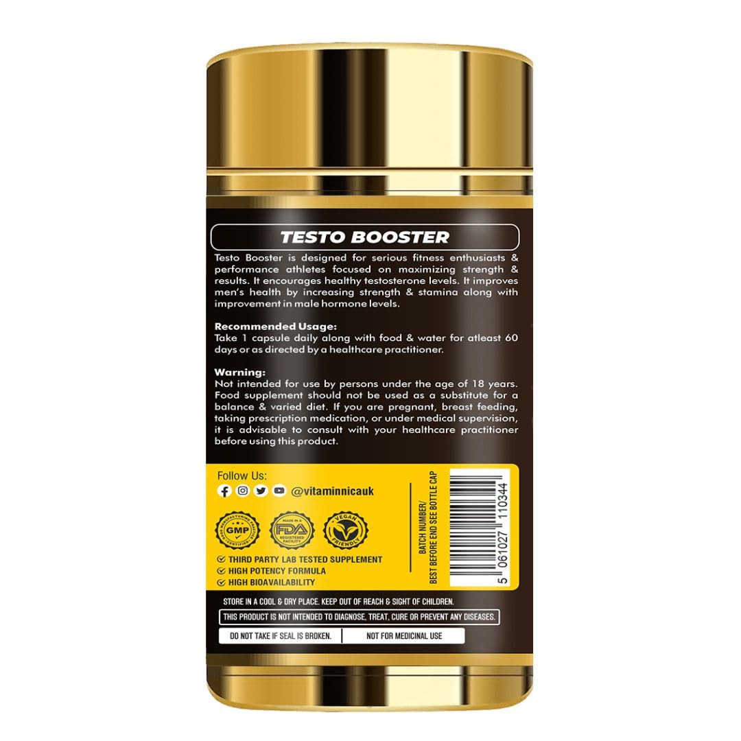 Vitaminnica Testo Booster Capsules - Natural Testosterone Support for Energy, Muscle Growth, Stamina & Vitality- Ashwagandha, Tribulus, & Maca Root- 60 Capsules