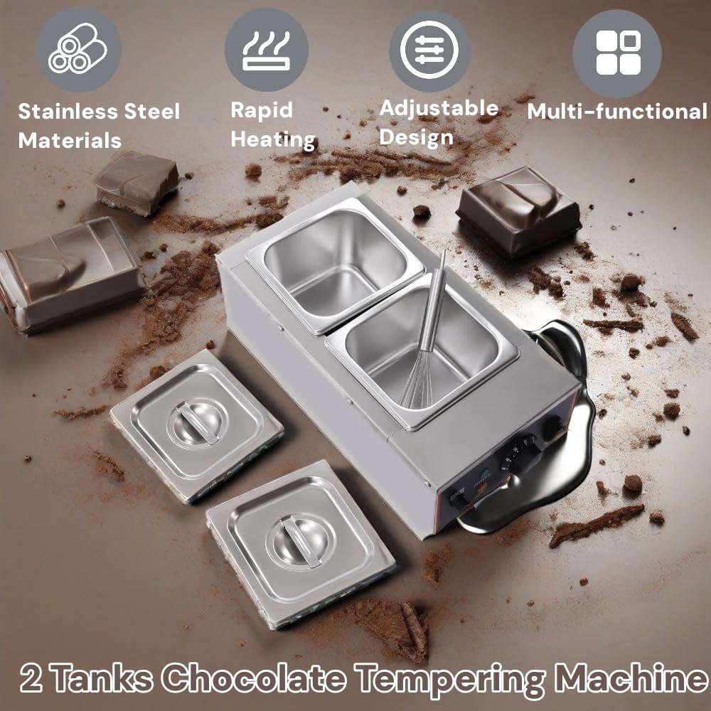 9 Lbs 2 Tanks Chocolate Tempering Machine, 800W Chocolate Melter, Chocolate Melting Pot with 86-185? Adjustable Temp, Stainless Steel Electric Commercial Food Warmer and Melter for Home or Bakery Use