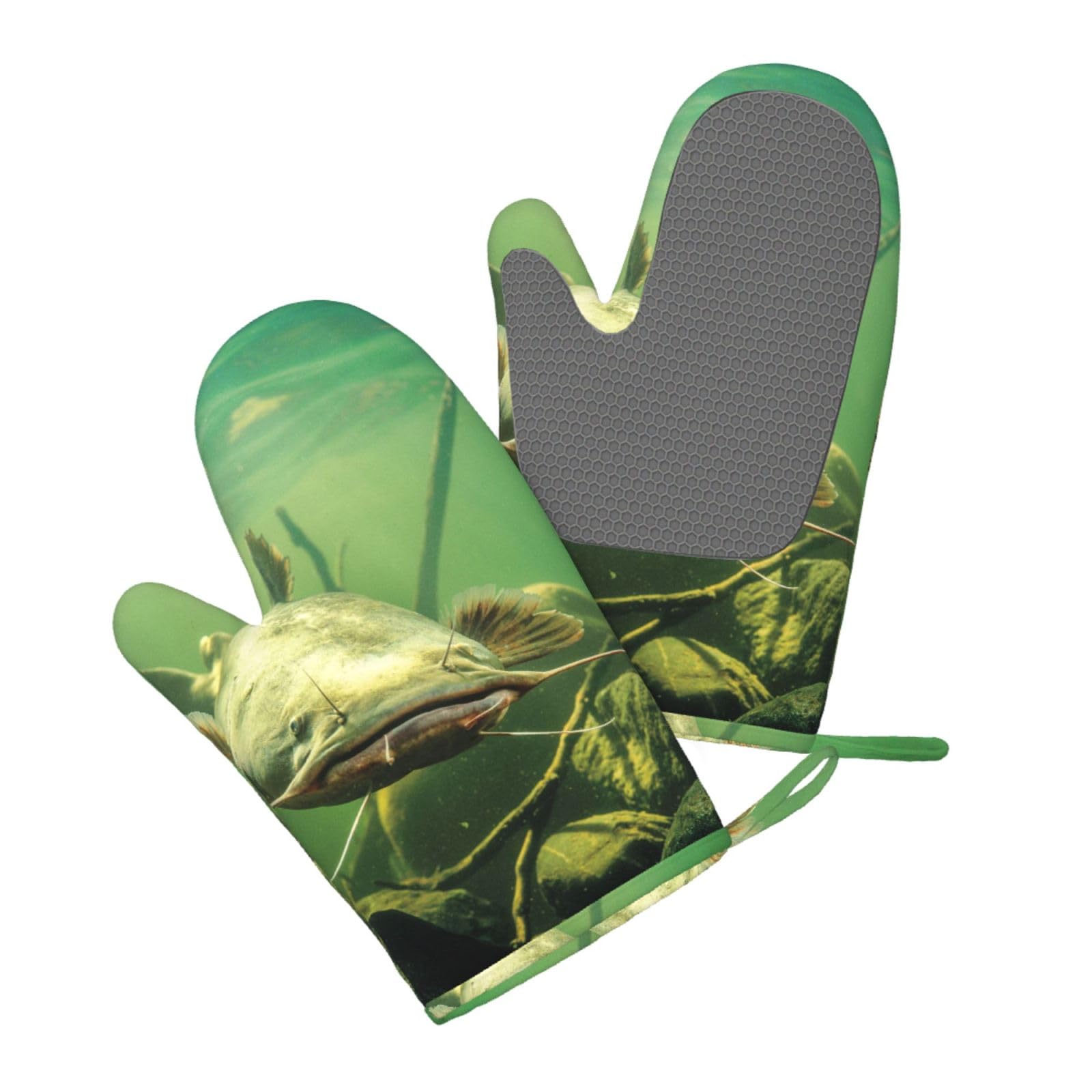 Silicone Oven Mitts Set 2PCS, Underwater catfish Printed Heat Resistant Non-Slip Silicone Oven Gloves for Kitchen Cooking Baking Microwave