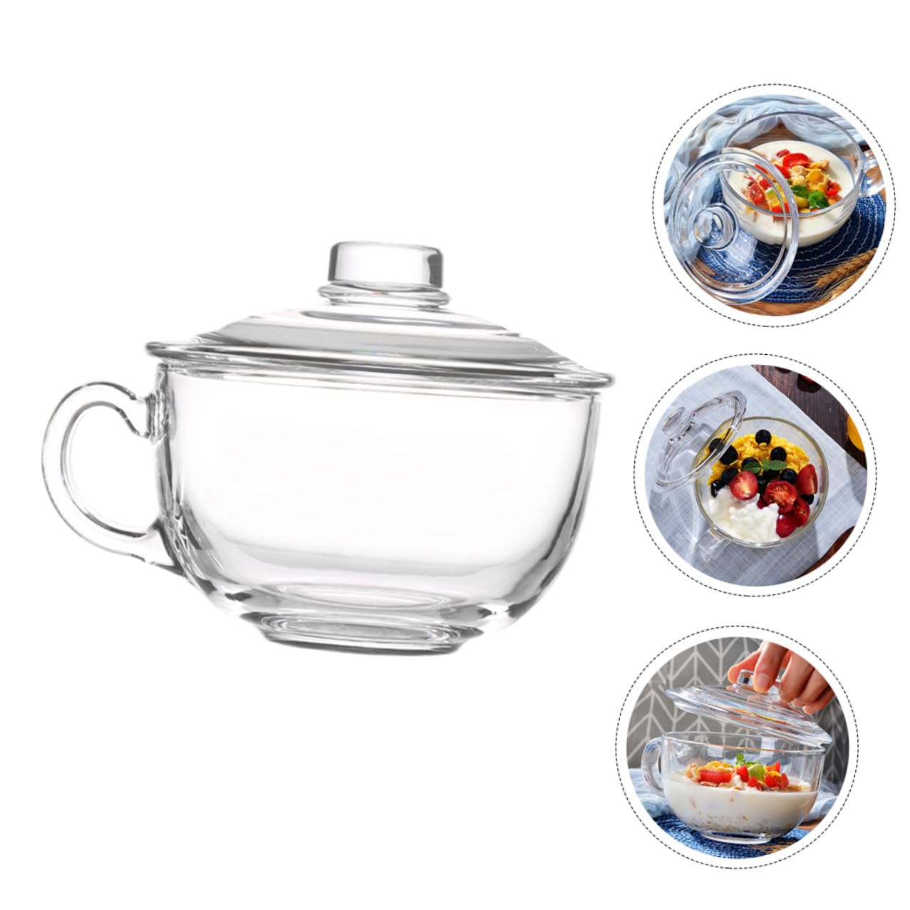 Homoyoyo Bol de Cristal Transparente de 600 Ml con Tapa y Asa Bol para Desayuno Leche Avena Ensalada y Postres Recipiente Multifuncional para Uso Doméstico