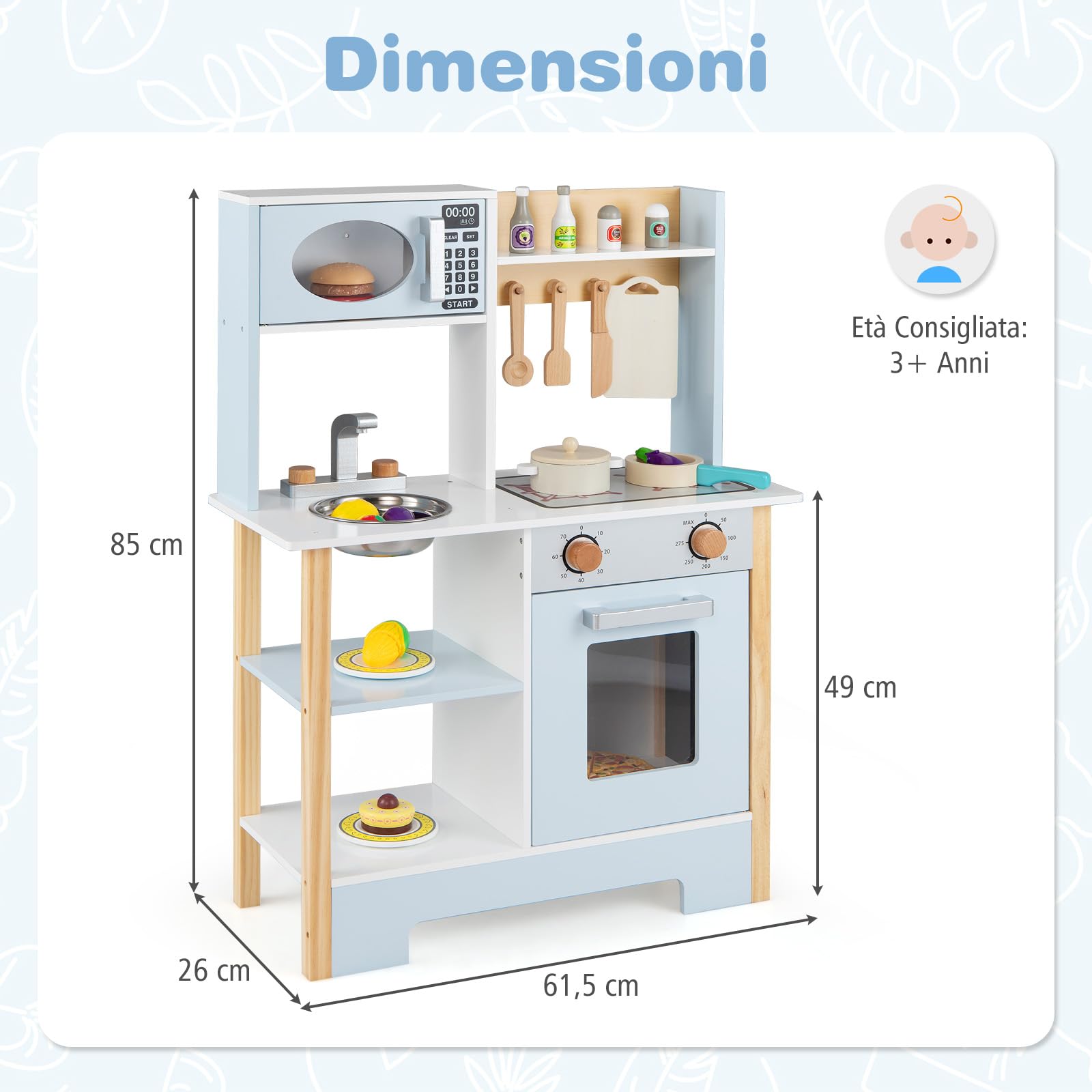COSTWAY Cucina Giocattolo in Legno per Bambini, Set Cucina Gioco con Lavagna e Accessori Completi, Gioco di Finzione per Bambini 3+ Anni, 61,5 x 26 x 85 cm