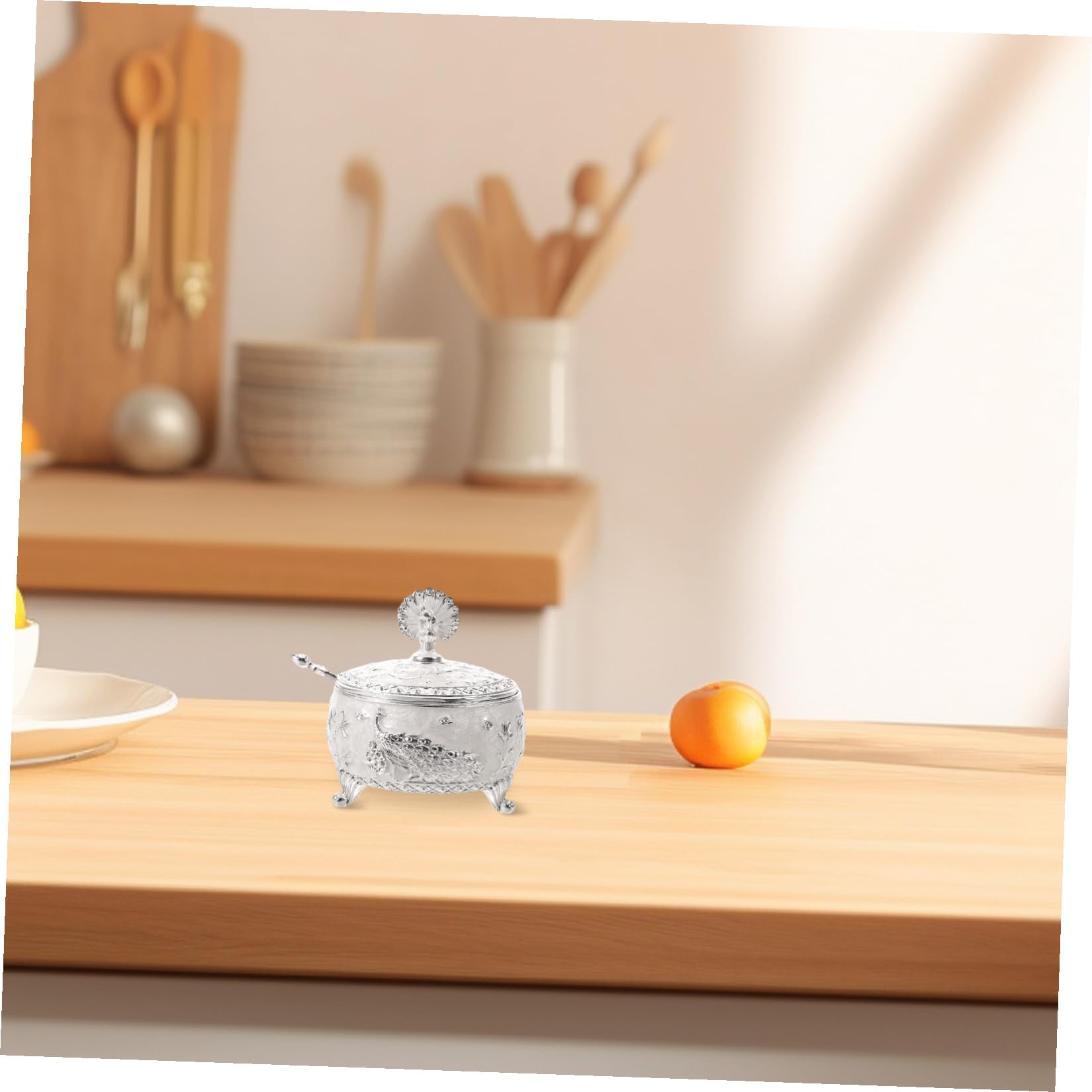 Zuccheriera da Cucina in Lega e Vetro con Coperchio e Cucchiaino, Design retrò Raffinato a Forma di Pavone, Facile da Pulire con Apertura per Piano Cucina