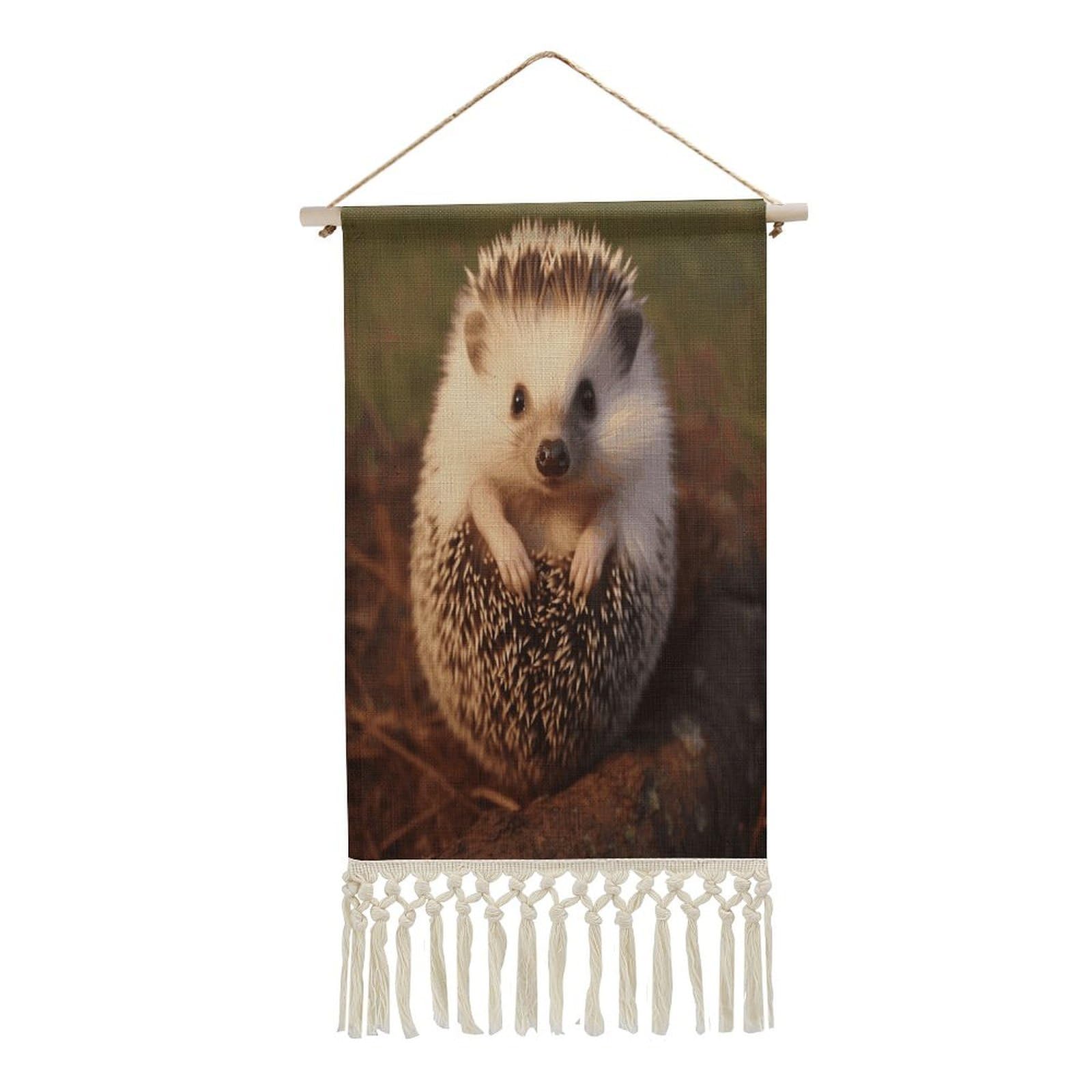 VstaDank Hedgehog Wall Art Decor with Tassels 20"x10" Cotton Linen Hanging Tapestry Decor Wall Art Prints Wood Frame Boho Wall Art Poster for Bedroom Living Room Office