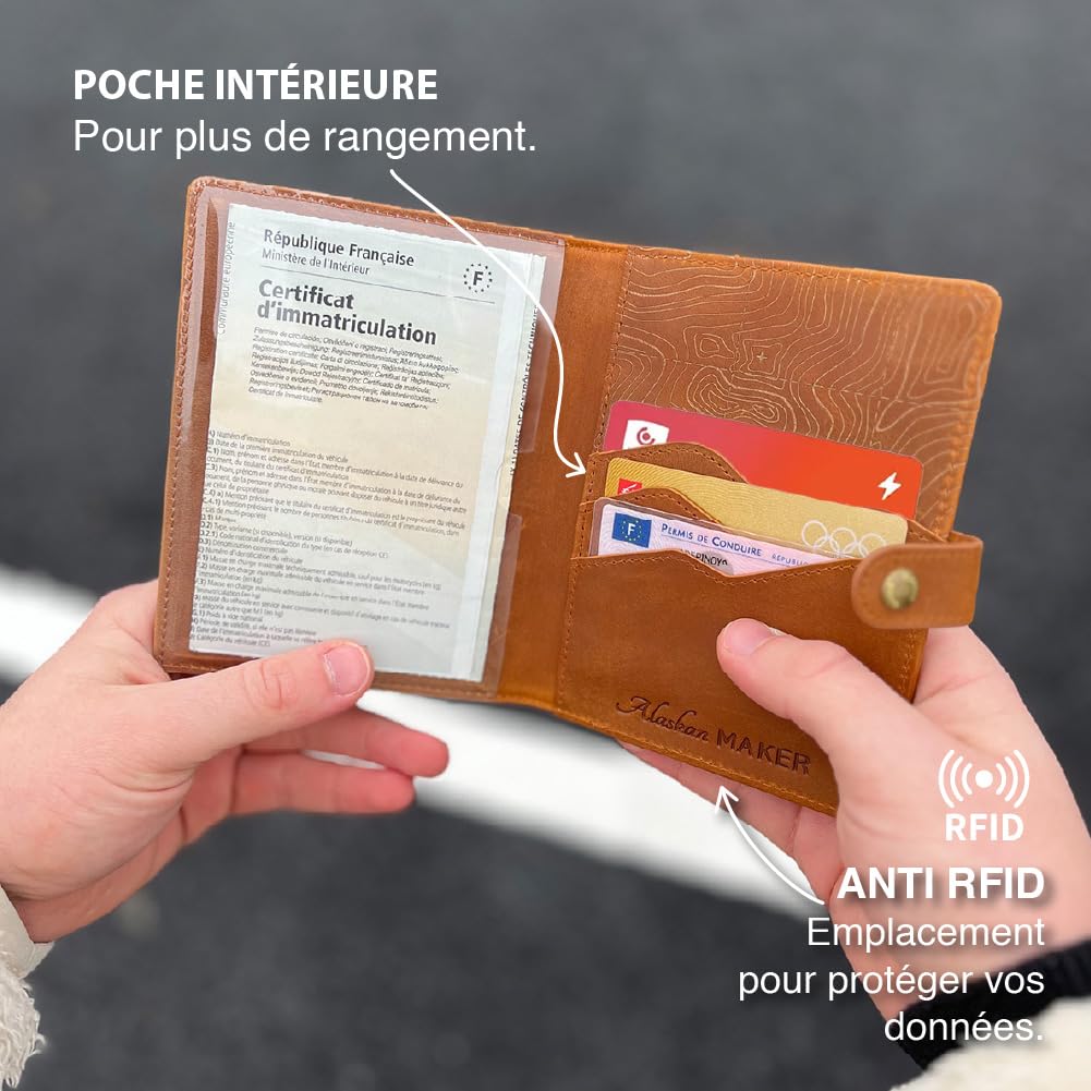 Alaskan MAKER - Custodia per carte di credito grigia in pelle pieno fiore - Archiviazione documenti auto e carte - Protezione RFID - Chiusura sicura con bottone a pressione - Formato compatto e