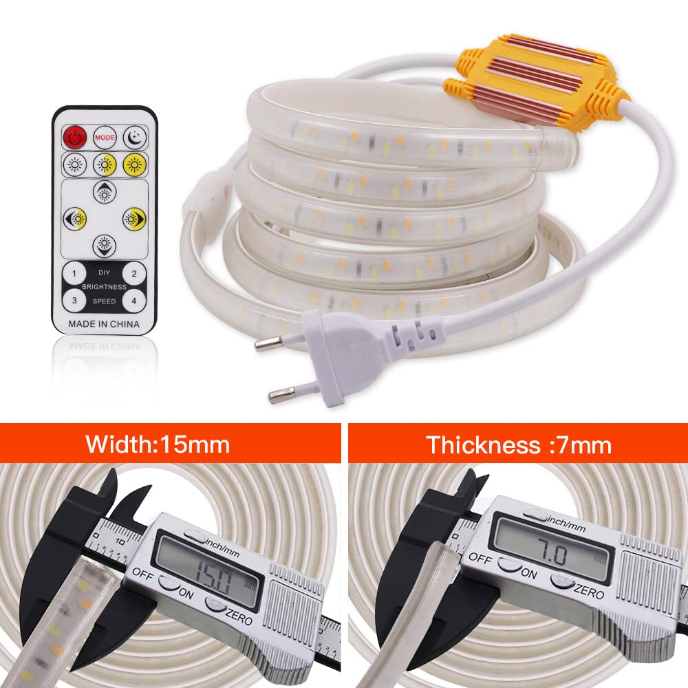 Dimmbar LED Streifen, 220V 2835 SMD 120LEDs/m 3000K Warmweiß bis 6500K Kaltweiß Lichtleiste, 3 Farben in 1 Strip, Flexible Kaltweiß LED Lichtschlauch CCT Abstimmbar mit IR Fernbedienung(7m)