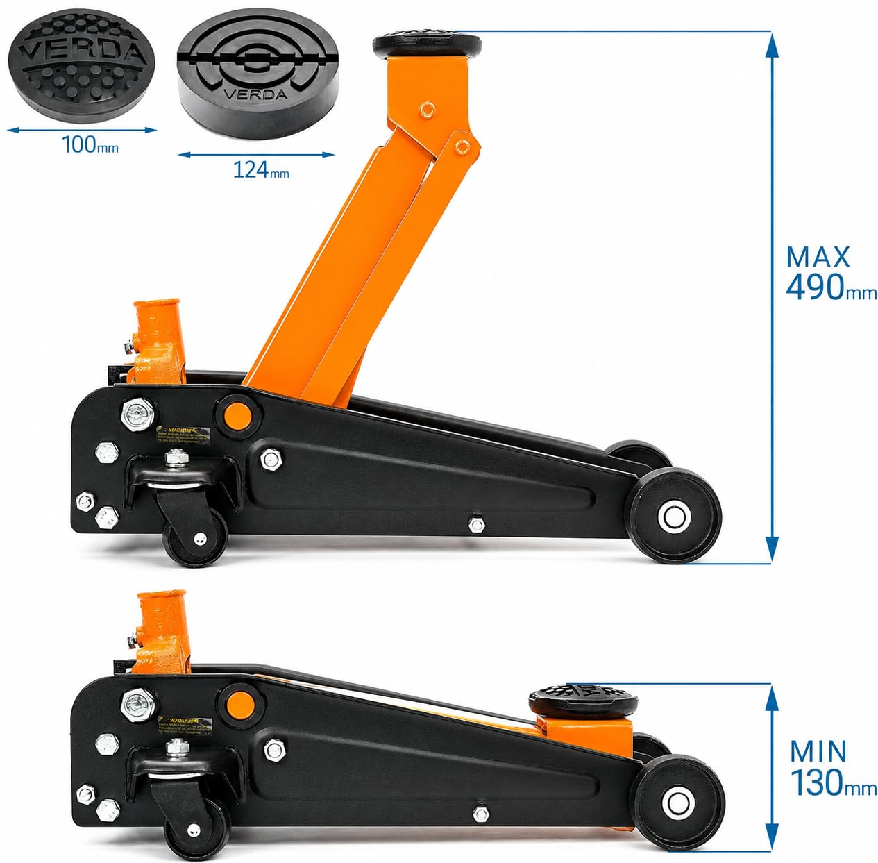 Verda Hydraulischer Wagenheber 3T, 130-490mm, 2X Gummi, Profilmesser,Heber Rangierwagenheber PKW, Profi, Auto, Wohnmobil, Geländewagen, Werkstatt Montagehandschuhe (SN3026)