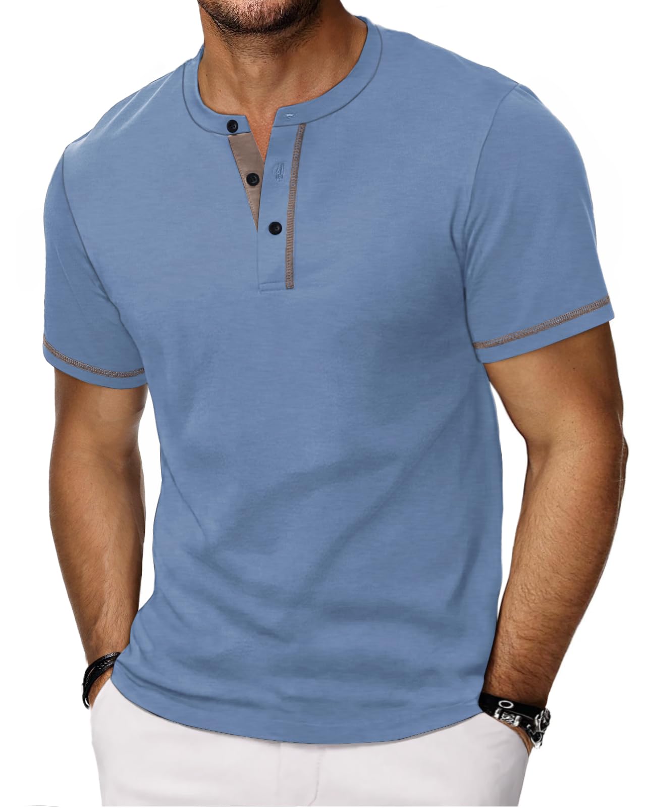 HMIYA Henley Kurzarm T-Shirts für Herren Sommerhemd Baumwolle Knopf Color-Blocking-Ärmeln T-Shirt für Männer