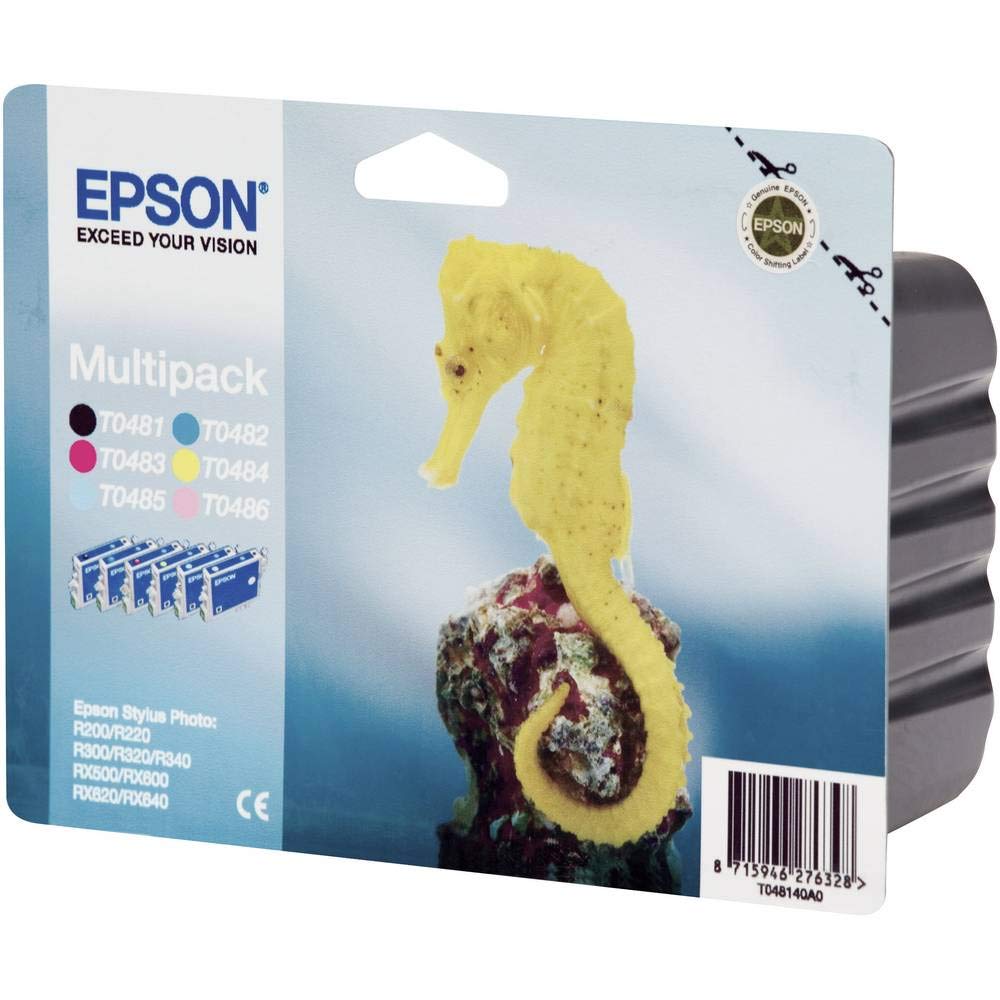 Epson Original T0487, Black, Cyan, Magenta, Yellow, Light Cyan, Light Magenta, Pack of Six, Genuine