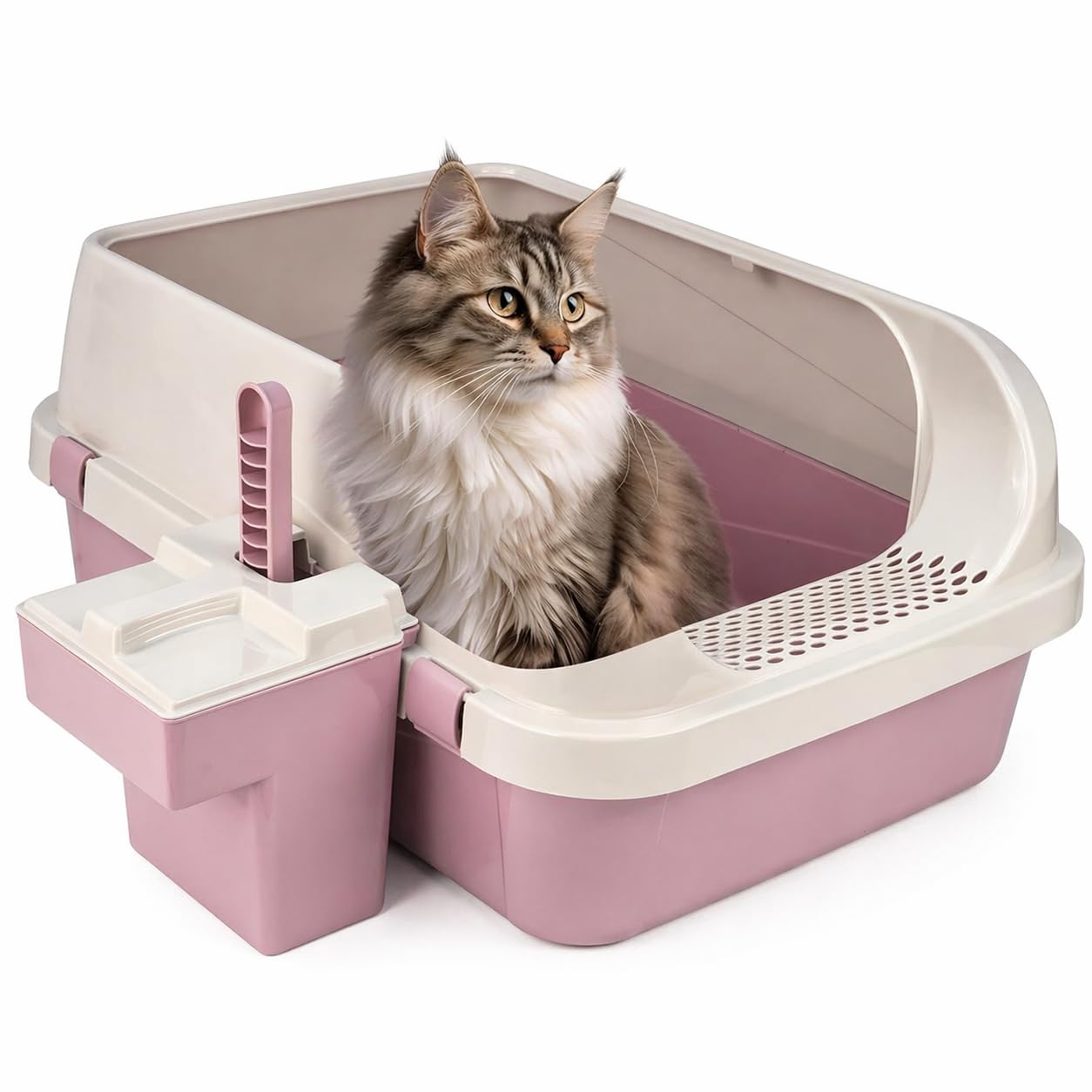 DIVCHI Cat Litter Tray Box, Litter Box, Plastic Cat Open Top Litter Tray with Scoop and Scoop Box Kitten Detachable Rim Easy Cleaning, 57.2 x 41.5 x 24.3cm (Pink) — image 1