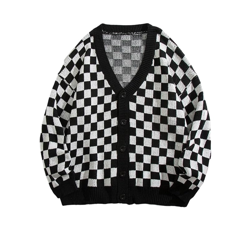 Schachbrett-Strickjacke für Damen, koreanisch, einreihig, gestrickt, locker, übergroßer Pullover, kariert, lässig, modisch, langärmelig,...