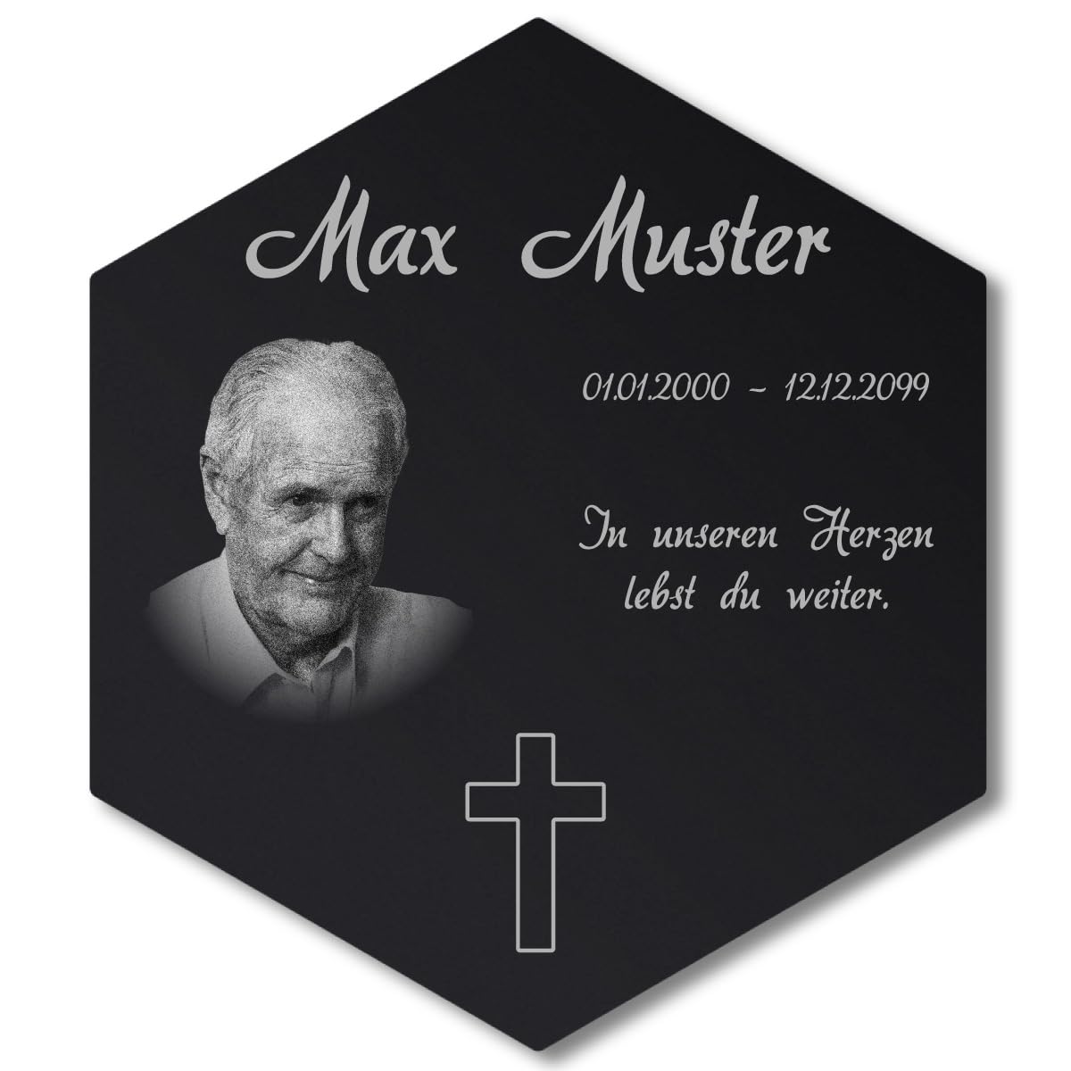 Personalisierter Sechseck Grabschmuck mit Foto Gravur - Acrylglas Schwarz Hochglanz 260 x 300 mm - wetterfest und wasserfest für Draußen und Innen, für Opa, Oma, Mama, Papa und Verstorbene