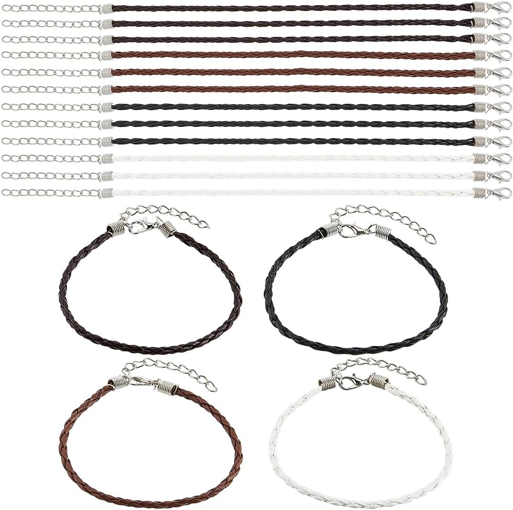 40Pcs Bracelet Cords with Clasp Bracelet Cord Bulk Black 3mm Braided Imitation Leather Lace Plaited Trendy Iron Clasp Extended Chains Ropes Accessory for Jewelry Making Bracelets DIY Crafts
