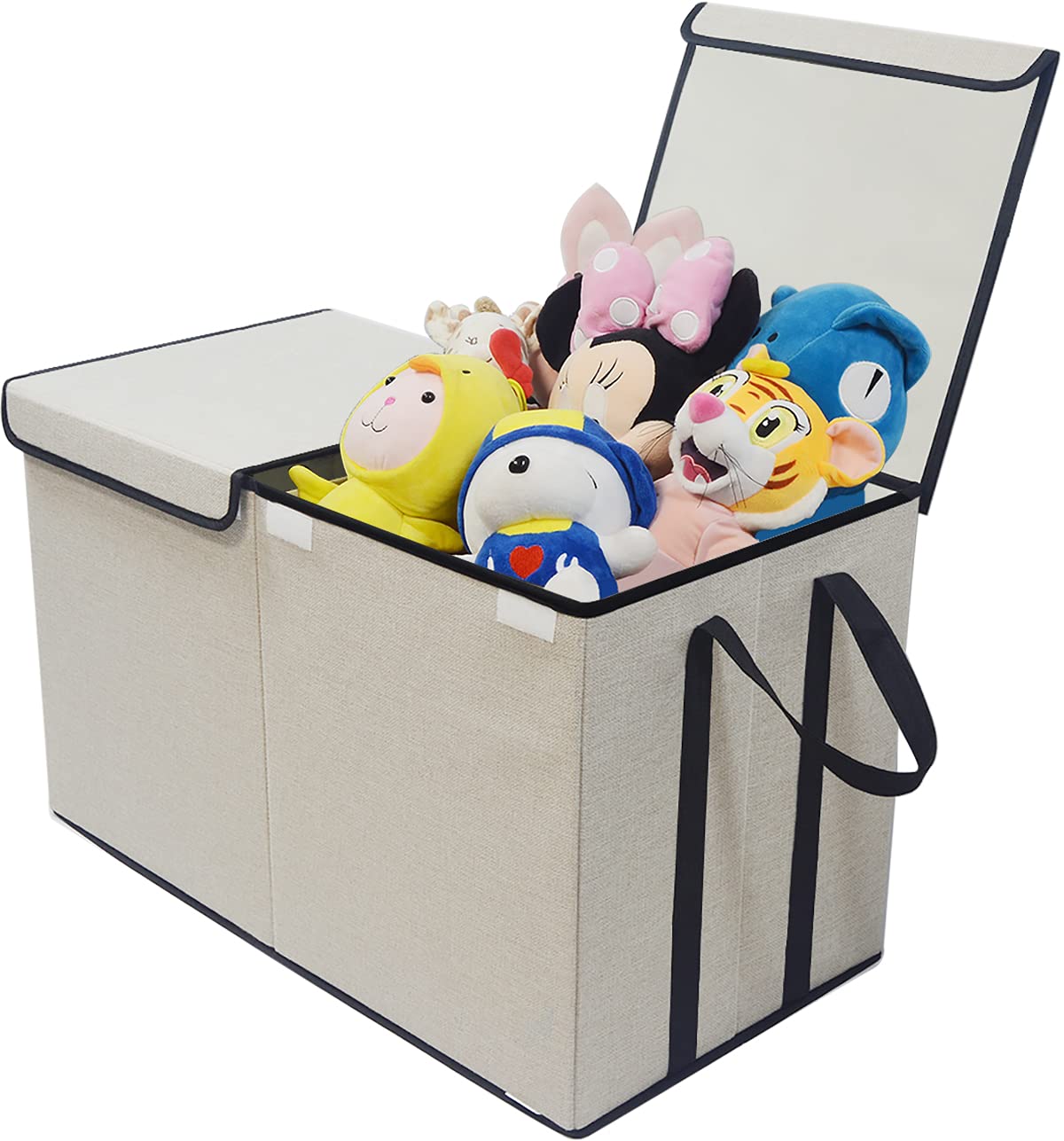 Large Kids Toy Box Chest Storage Organizer with Double Flip-Top Lid - Collapsible Sturdy Toy Organizers and Storage Bins with Big Handles for Nursery, Playroom, 26.8"x13.8"x16"(Beige)