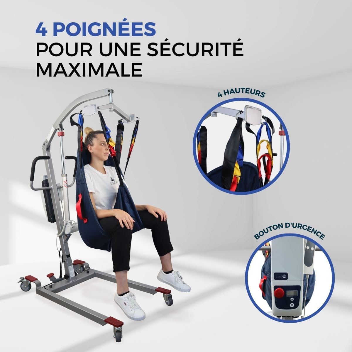 Mobiclinic®, Lève-Personne Électrique pour Personnes Âgées, Pliable, Jusqu'à 180 kg, Structure Pré-assemblée, Harnais de Transfert Inclus, Largeur Réglable, Roues avec Freins, Acier, Fortuna