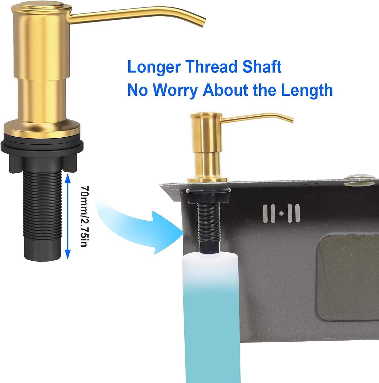 Soap Dispenser for Kitchen Sink, Kitchen Sink Soap Dispenser Pump, Refill from The Top, Sink Soap Dispenser with 17OZ Large Liquid Bottle, Gold (2 Scrub Sponges)