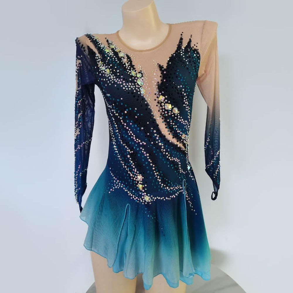 LIUHUO Figure Skating Skirts Children's and Adult's Performance Clothes Gradually Changing Finger Sleeves Blue