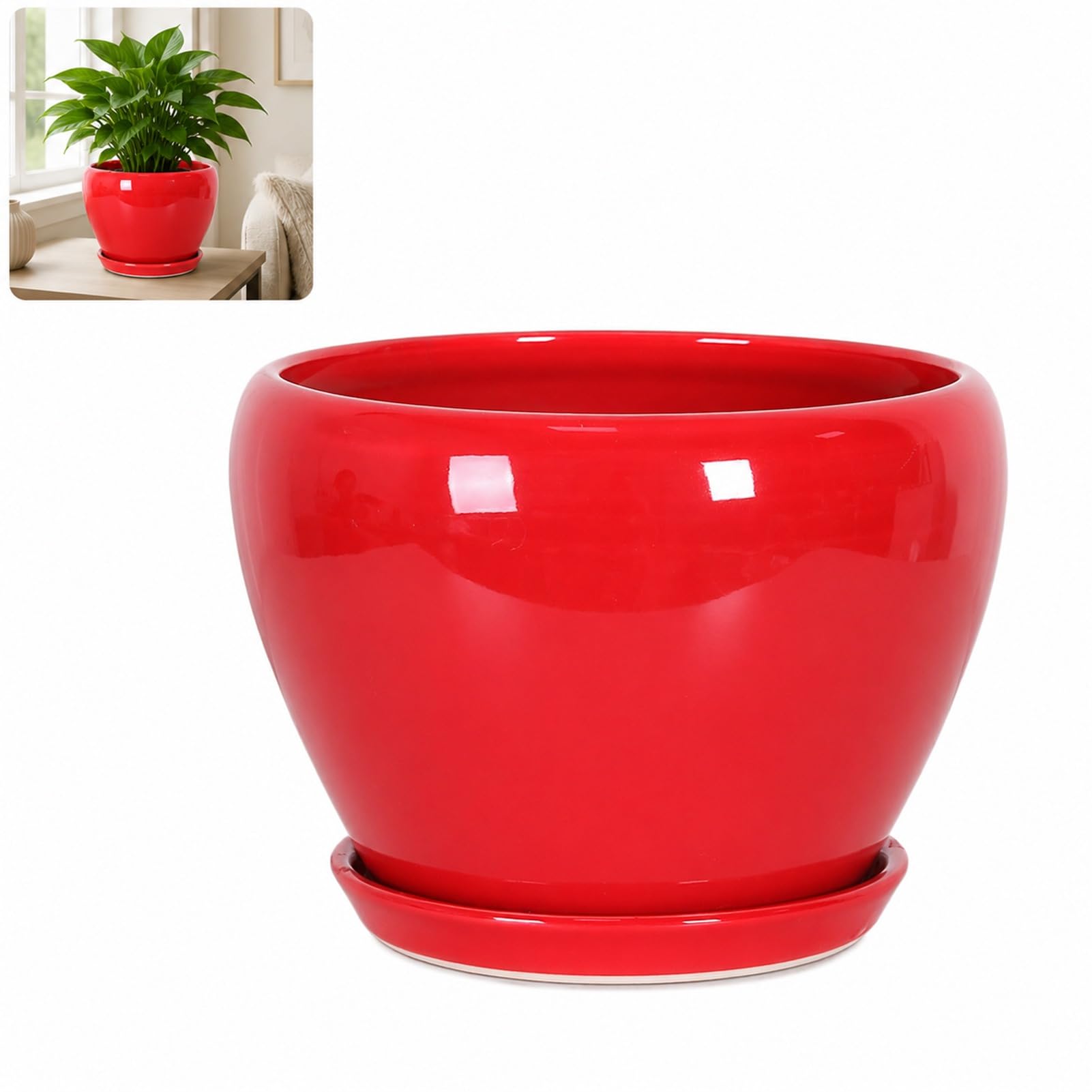 ZeptiHOM Ceramic Planter Round Glazed Flower Pot for Indoor Plants, Decorative Succulent Pots with Drainage Tray (18.5 * 16cm,red)