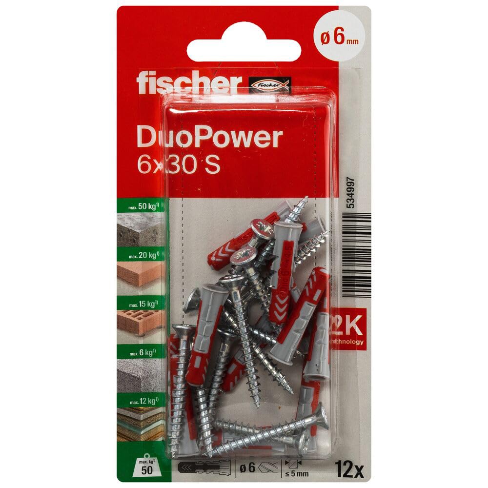 fischer534997 Duopower 6 X 30 S K With Screw Secure Functions For Solid (Expansion) Hollow And Panel Building Materials