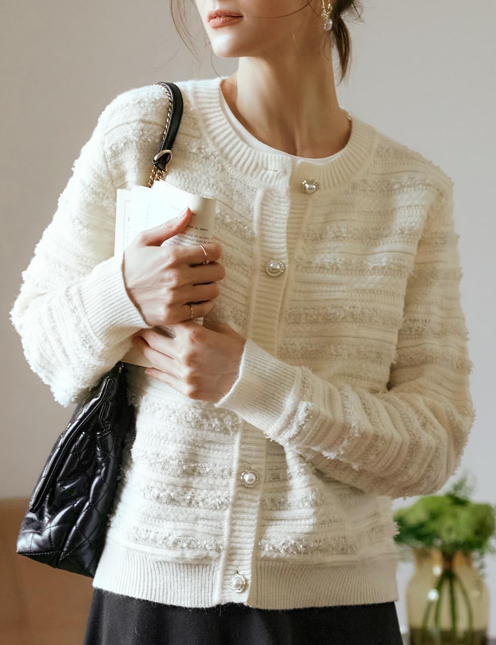 Women's White Sweater, Ribbing Crew Neck Fuzzy Cardigan with Pearl Button, Ladies Long-Sleeve Sweater Coats - Image 4