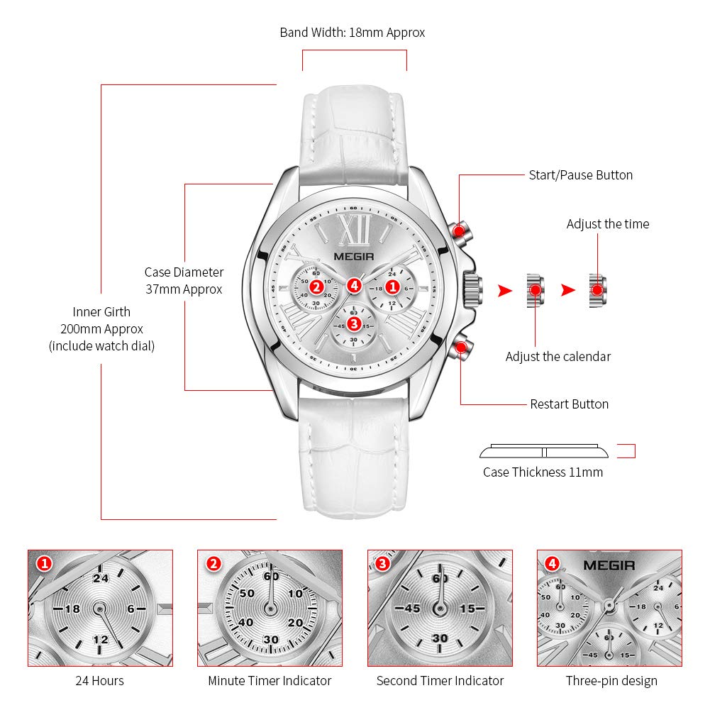 MEGIR Orologio da Donna Cronografo Analogico al Quarzo con Cinturino in Pelle Impermeabil