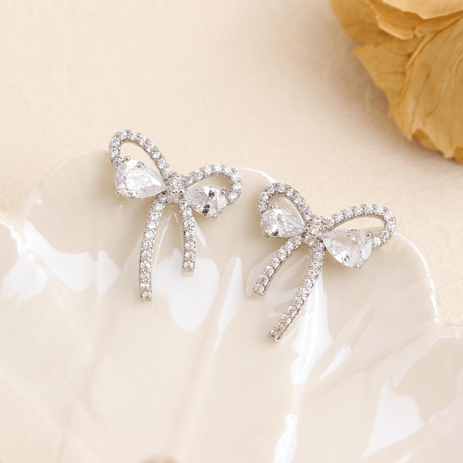 Sonateomber Gold Silver Bow Stud Earrings for Women, Cute Elegant CZ Rhinestone Ribbon Drop Earings Prom Weeding Fashion Jewelry Gift - Image 4