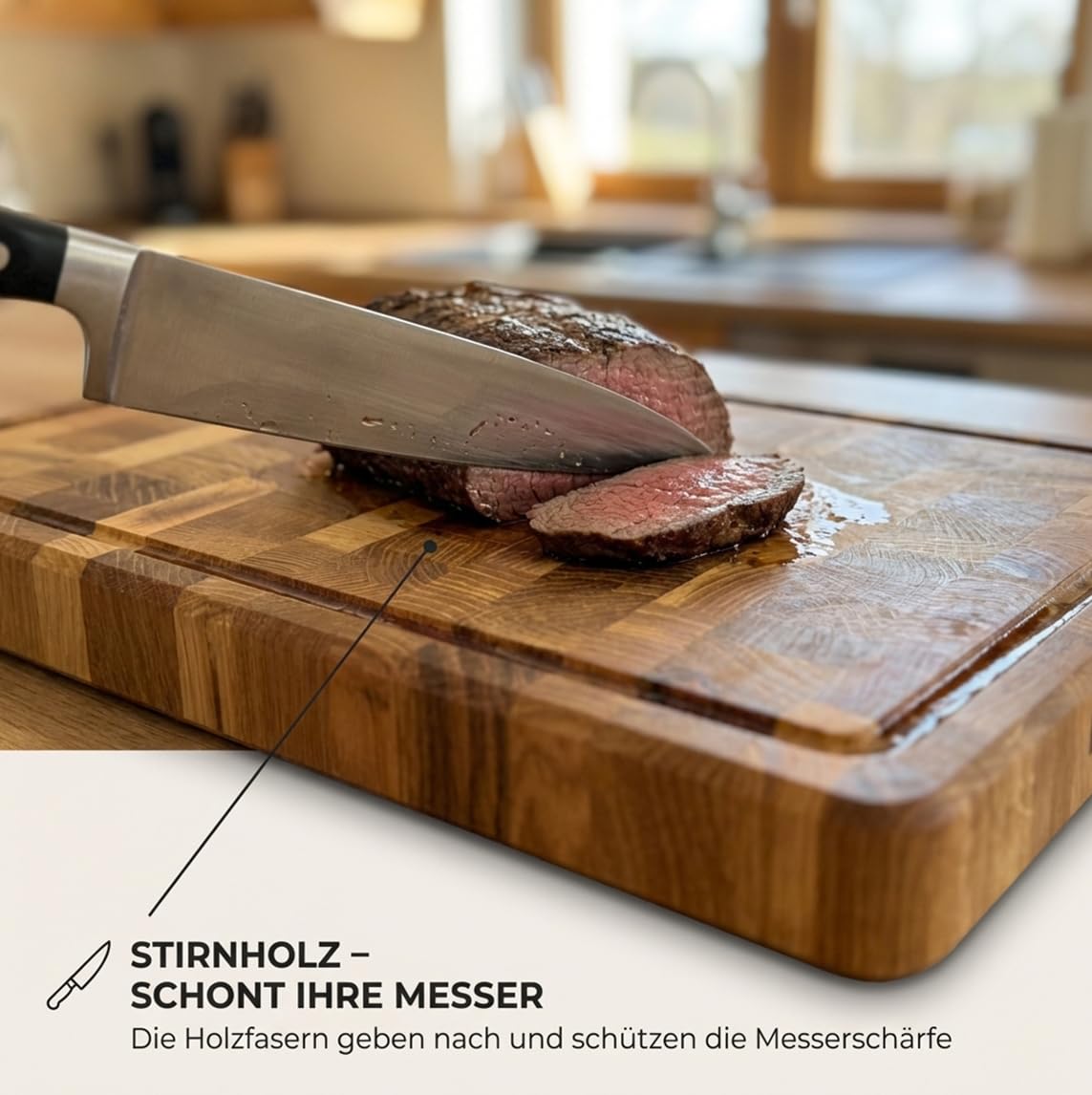 Massives Stirnholz Schneidebrett aus Eiche 44x29x4 cm – Extra Dickes Hackbrett mit Saftrille, Profi Küchenbrett für Fleisch, Holz Schneidebrett