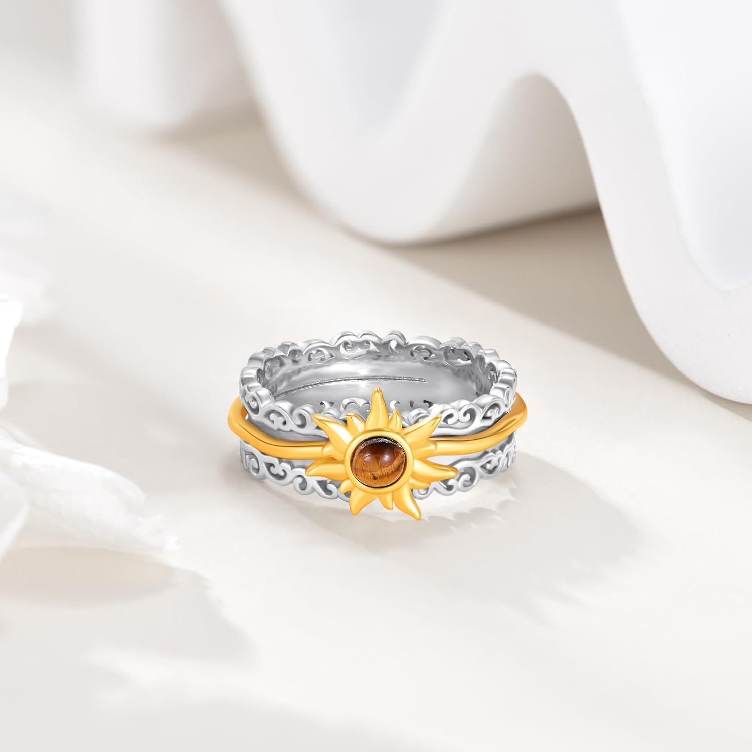 VONALA Gold Plated 925 Sterling Silver Sun Fidget Rings for Anxiety Tiger Eye Spinner Rings for Women Anti Stress Mood Rings Gifts Band Wide - Image 3