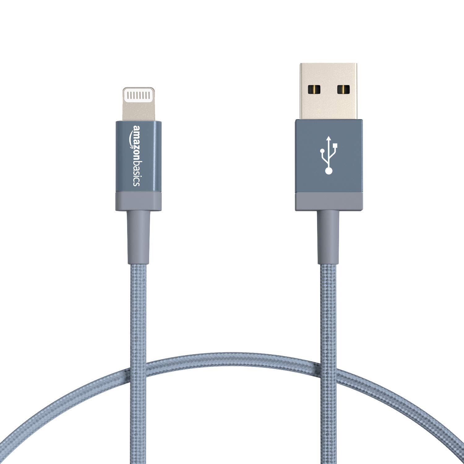 Amazon BasicsNylon USB-A to Lightning Cable Cord, MFi Certified Charger for Apple iPhone, iPad, Dark Gray, 1-Ft