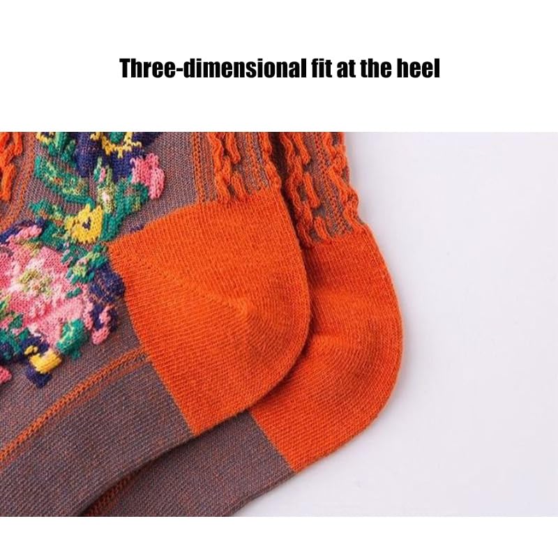 Vintage Embroidered Floral Socks, 4 Pairs Frilly Floral Combed Cotton Crew Socks, Warm Personality for Autumn and Winter4