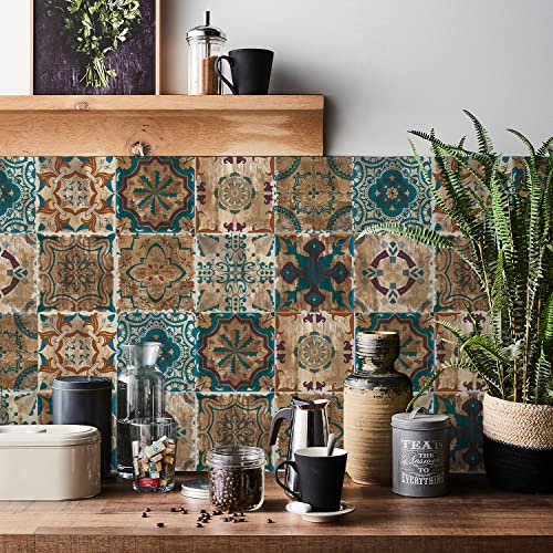 Pegatinas marroquíes para azulejos de cocina, 24 unidades, azulejos autoadhesivos para baño, azulejos adhesivos en la pared, impermeables, a prueba de aceite, arte de mosaico vintage (15 cm x 15 cm, 6