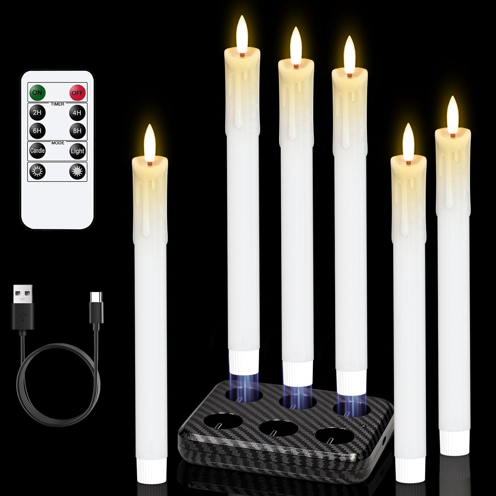 Rechargeable Flameless Taper Candles with Charging Station & Remote Timer, 6 Pcs Real Wax LED Taper Candles, Battery Operated Candlesticks for Home Wedding Christmas Decorations (White)